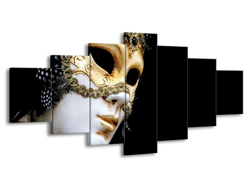 Glasschilderij Masker, Modern | Zwart, Wit, Goud | 210x100cm 7Luik