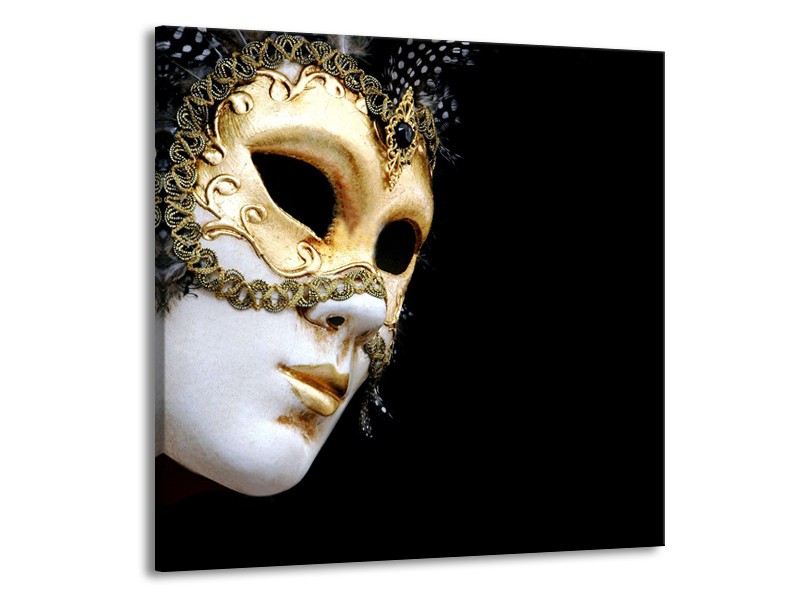 Canvas Schilderij Masker, Modern | Zwart, Wit, Goud | 50x50cm 1Luik