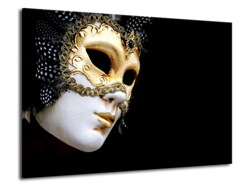 Glasschilderij Masker, Modern | Zwart, Wit, Goud | 70x50cm 1Luik