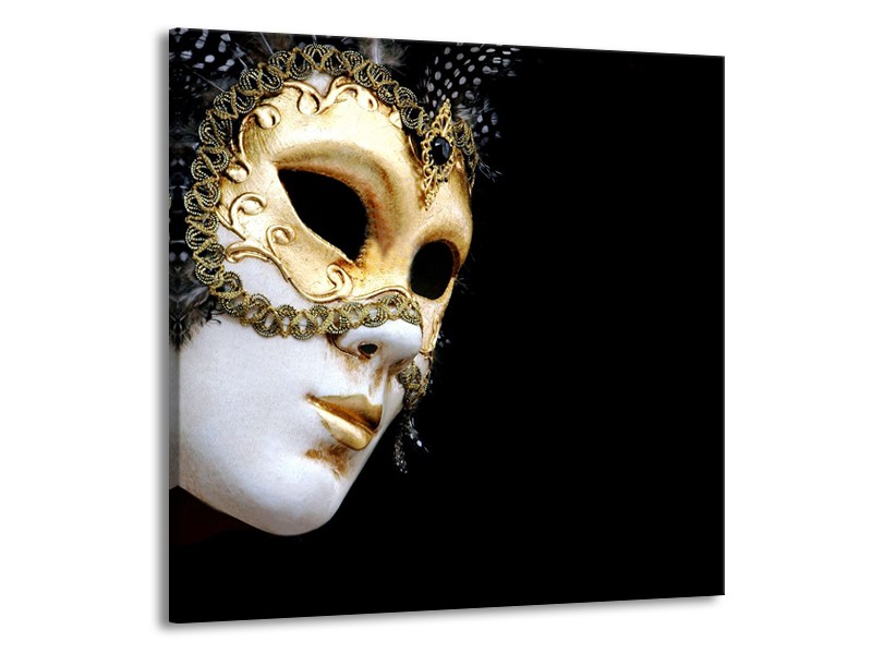 Canvas Schilderij Masker, Modern | Zwart, Wit, Goud | 70x70cm 1Luik