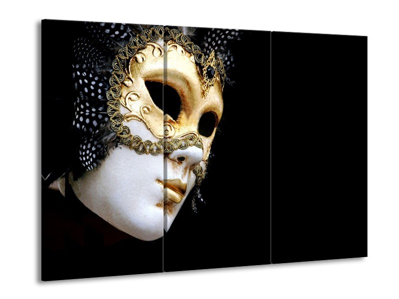 Glasschilderij Masker, Modern | Zwart, Wit, Goud | 60x90cm 3Luik
