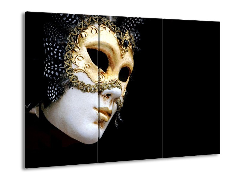 Canvas Schilderij Masker, Modern | Zwart, Wit, Goud | 60x90cm 3Luik