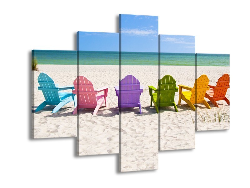 Canvas Schilderij Strand, Zee | Blauw, Crème, Groen | 150x105cm 5Luik