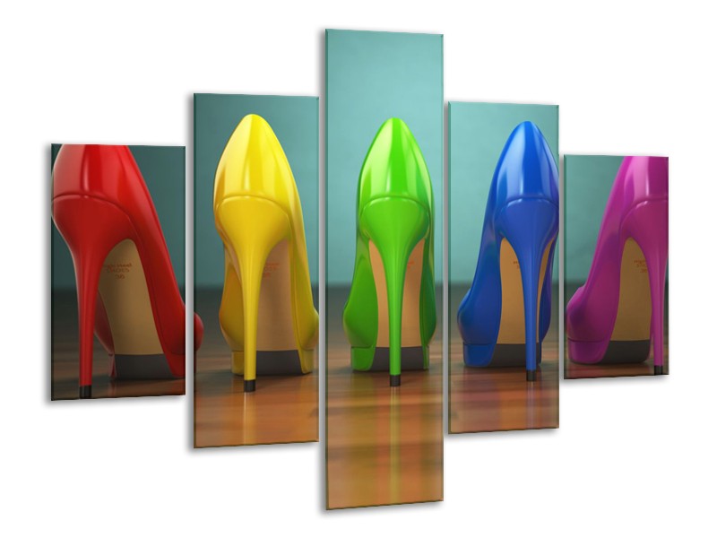 Glasschilderij Schoenen, Vrouw | Bruin, Groen, Geel | 100x70cm 5Luik