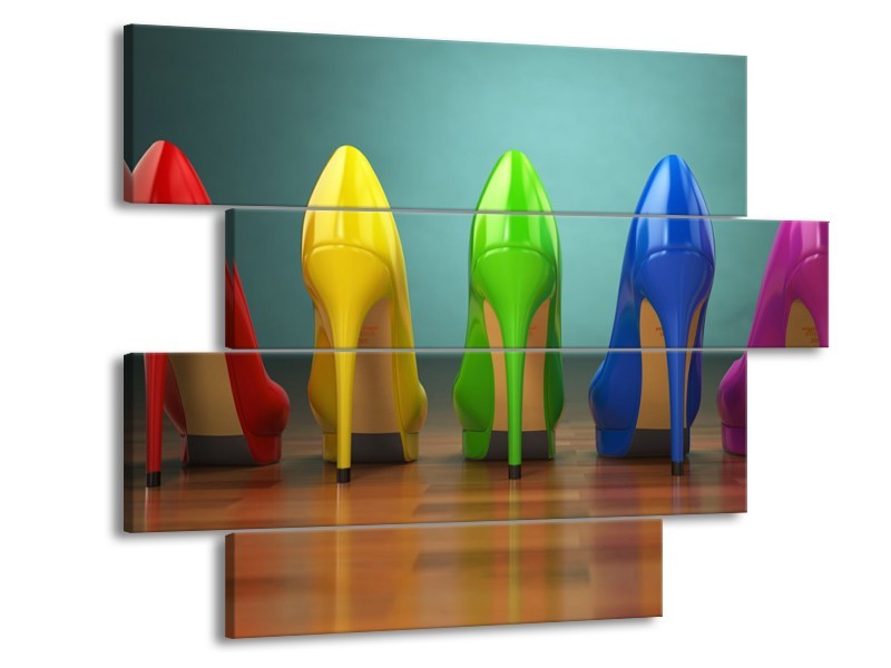 Glasschilderij Schoenen, Vrouw | Bruin, Groen, Geel | 115x85cm 4Luik