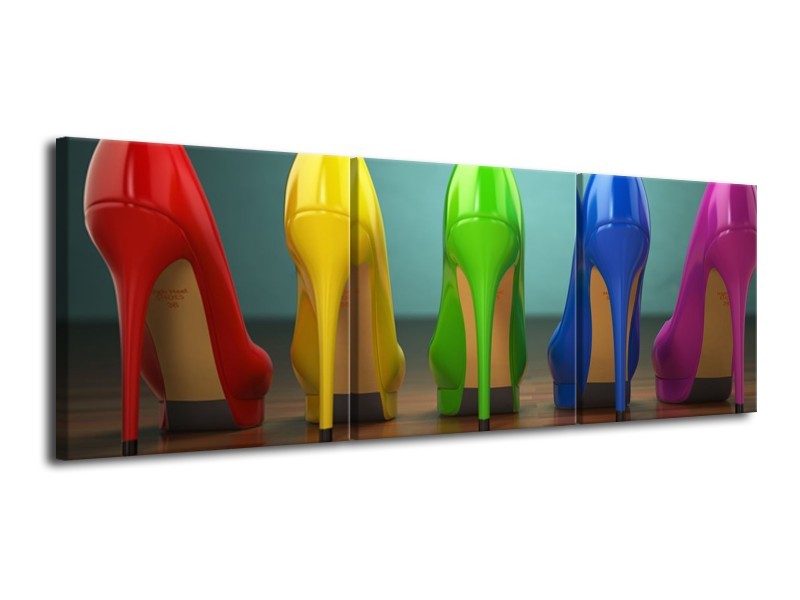 Glasschilderij Schoenen, Vrouw | Bruin, Groen, Geel | 120x40cm 3Luik
