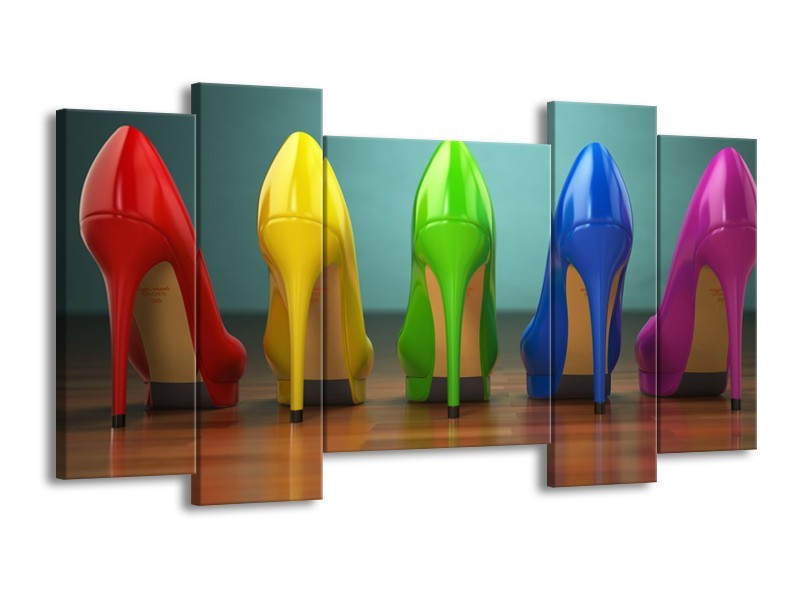 Canvas Schilderij Schoenen, Vrouw | Bruin, Groen, Geel | 120x65cm 5Luik
