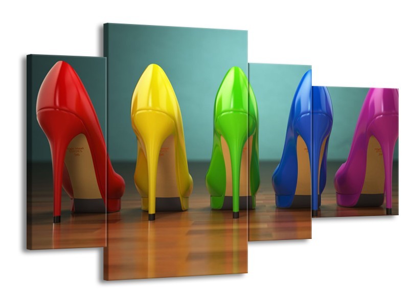 Glasschilderij Schoenen, Vrouw | Bruin, Groen, Geel | 120x75cm 4Luik