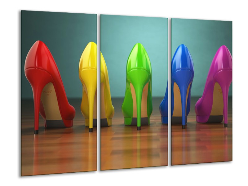 Glasschilderij Schoenen, Vrouw | Bruin, Groen, Geel | 120x80cm 3Luik