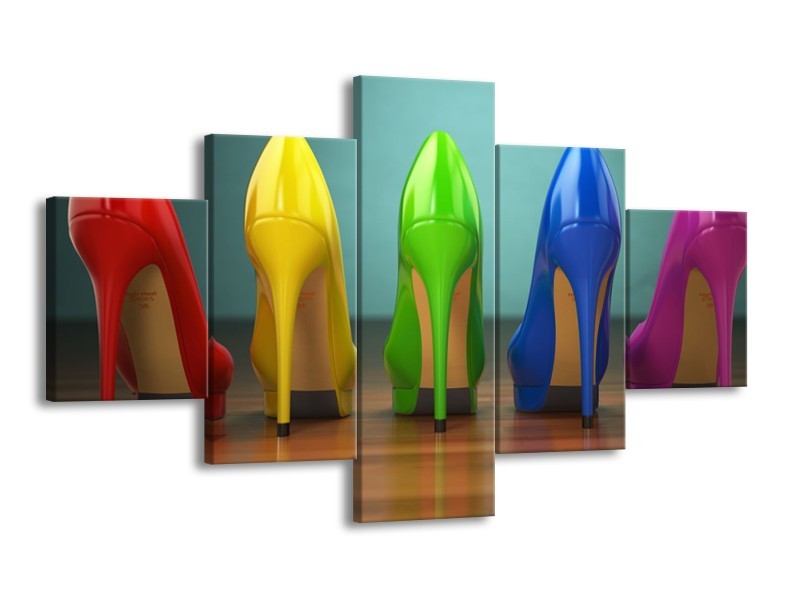 Glasschilderij Schoenen, Vrouw | Bruin, Groen, Geel | 125x70cm 5Luik