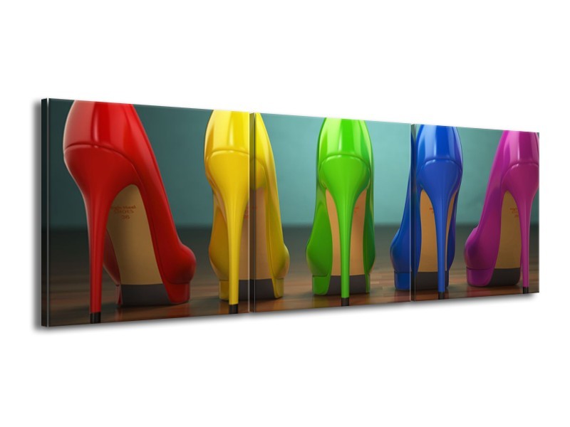 Glasschilderij Schoenen, Vrouw | Bruin, Groen, Geel | 150x50cm 3Luik