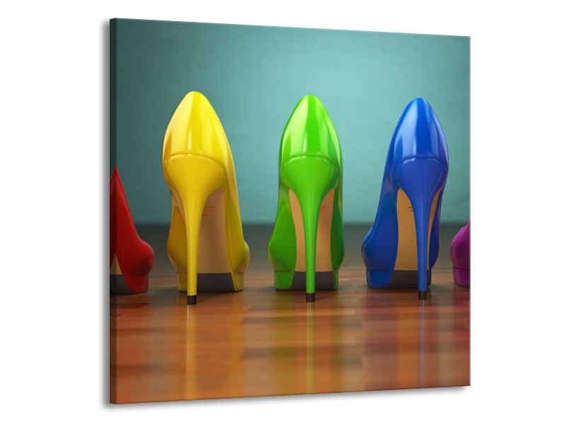 Glasschilderij Schoenen, Vrouw | Bruin, Groen, Geel | 70x70cm 1Luik