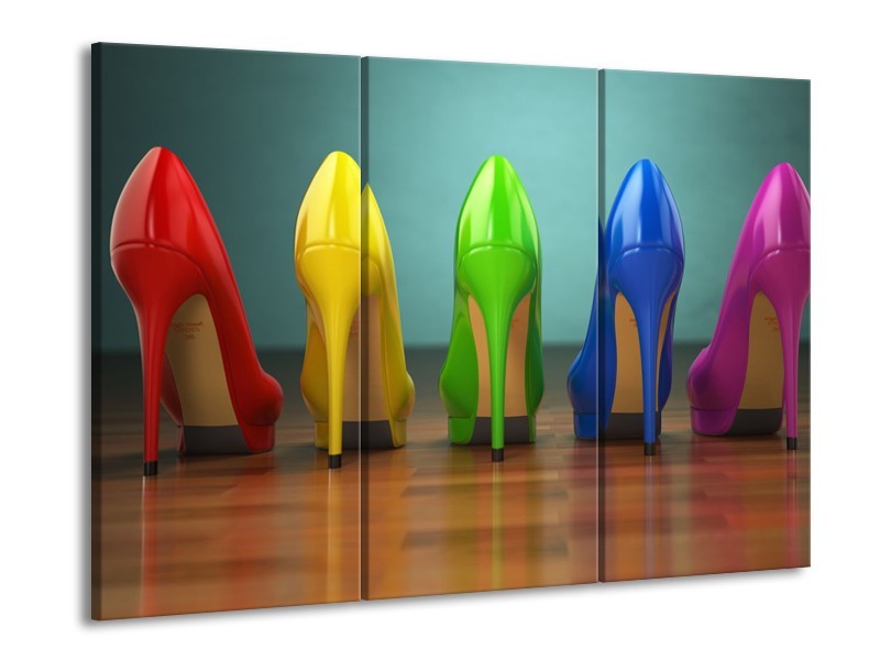 Glasschilderij Schoenen, Vrouw | Bruin, Groen, Geel | 60x90cm 3Luik