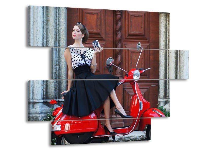 Canvas Schilderij Vrouw, Scooter | Rood, Zwart, Bruin | 115x85cm 4Luik