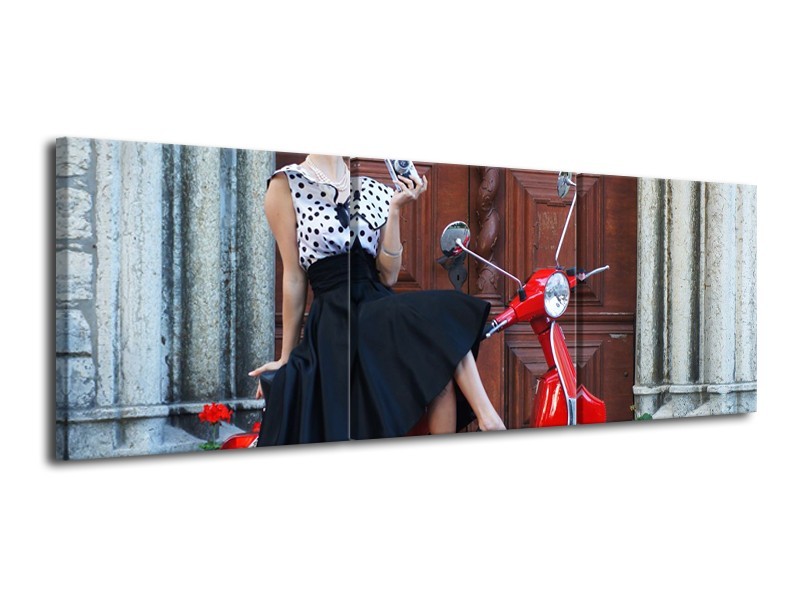 Glasschilderij Vrouw, Scooter | Rood, Zwart, Bruin | 120x40cm 3Luik