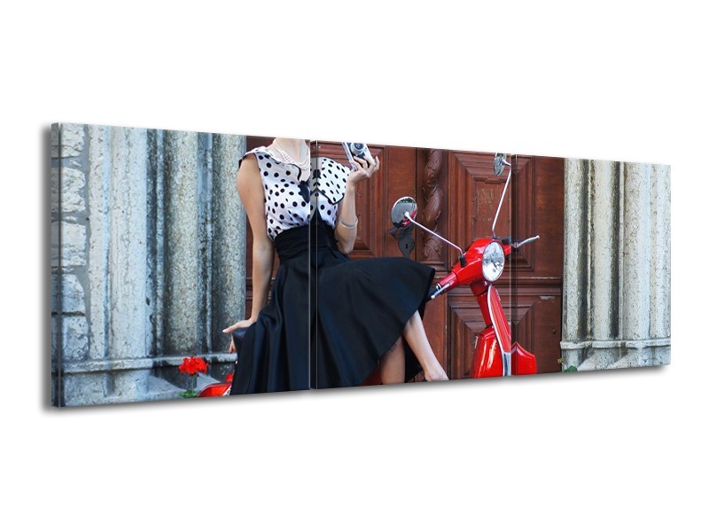 Glasschilderij Vrouw, Scooter | Rood, Zwart, Bruin | 150x50cm 3Luik