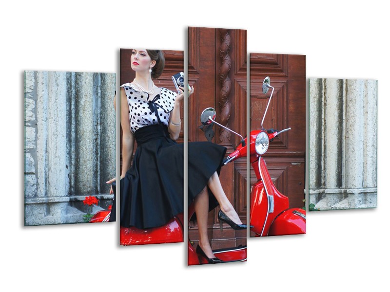 Glasschilderij Vrouw, Scooter | Rood, Zwart, Bruin | 170x100cm 5Luik