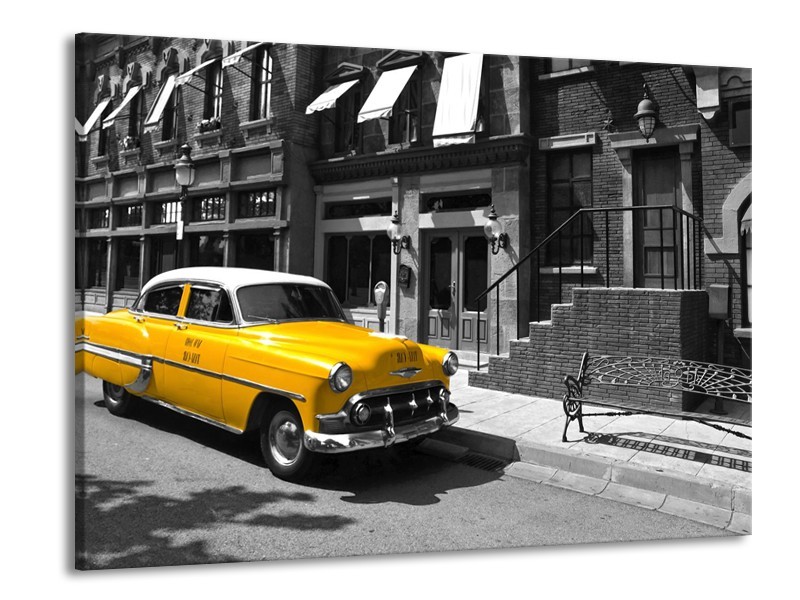 Canvas Schilderij Oldtimer, Auto | Zwart, Wit, Geel | 100x70cm 1Luik