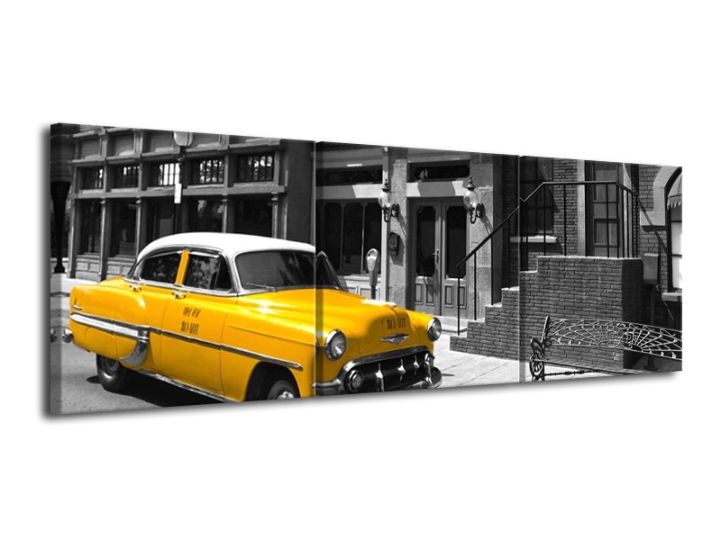 Glasschilderij Oldtimer, Auto | Zwart, Wit, Geel | 120x40cm 3Luik