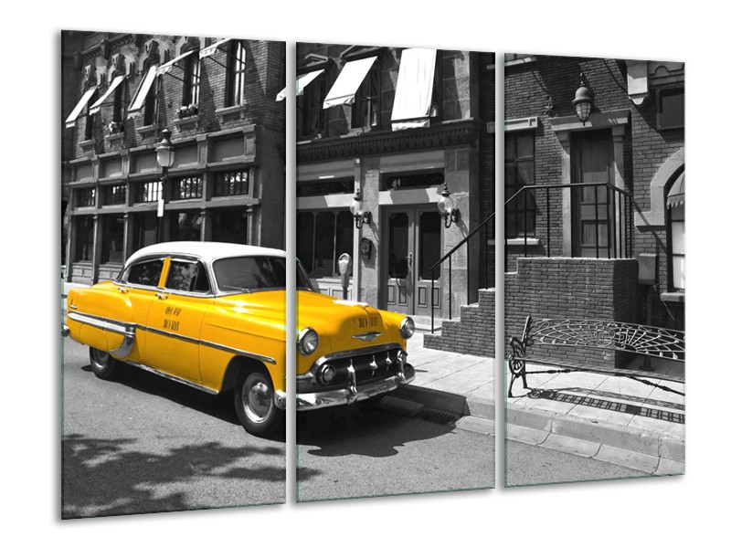 Glasschilderij Oldtimer, Auto | Zwart, Wit, Geel | 120x80cm 3Luik