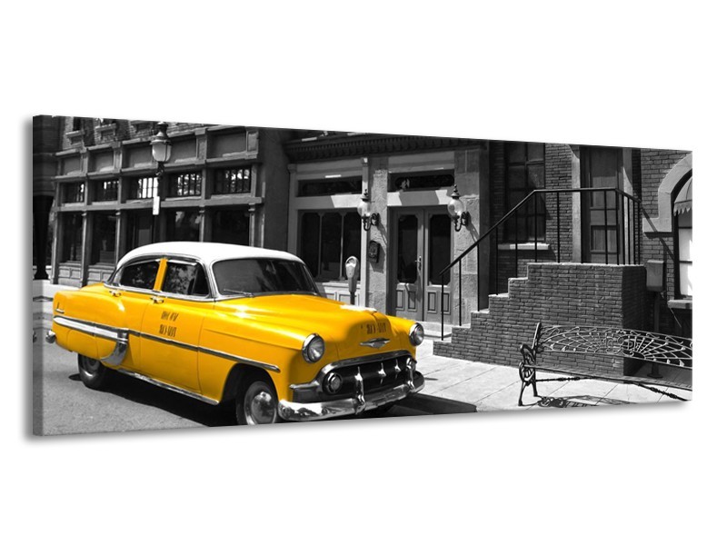 Glasschilderij Oldtimer, Auto | Zwart, Wit, Geel | 145x58cm 1Luik