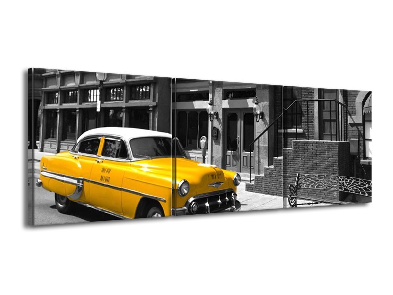 Canvas Schilderij Oldtimer, Auto | Zwart, Wit, Geel | 150x50cm 3Luik