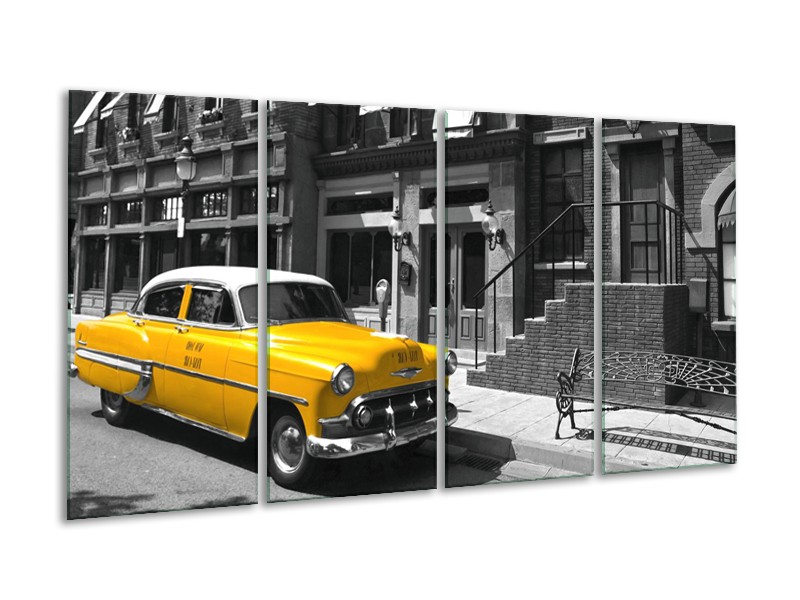 Glasschilderij Oldtimer, Auto | Zwart, Wit, Geel | 160x80cm 4Luik