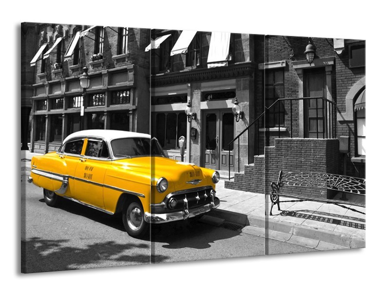 Glasschilderij Oldtimer, Auto | Zwart, Wit, Geel | 165x100cm 3Luik