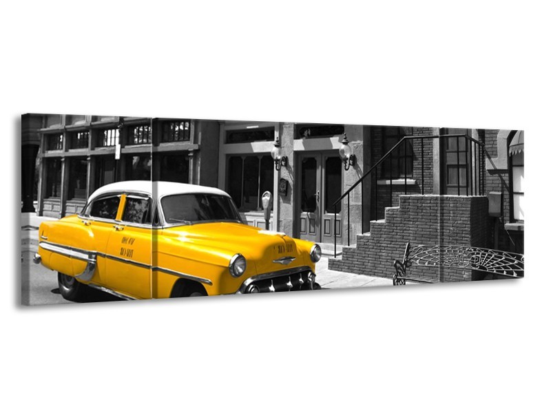 Glasschilderij Oldtimer, Auto | Zwart, Wit, Geel | 170x50cm 3Luik