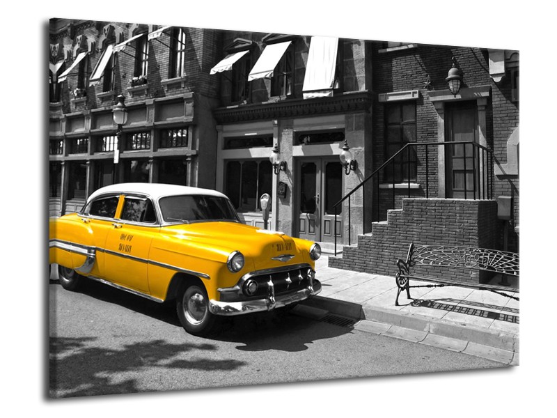 Glasschilderij Oldtimer, Auto | Zwart, Wit, Geel | 70x50cm 1Luik