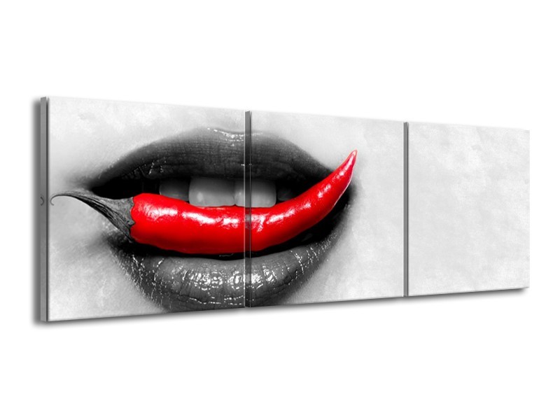 Canvas Schilderij Vrouw, Paprika | Grijs, Rood | 150x50cm 3Luik