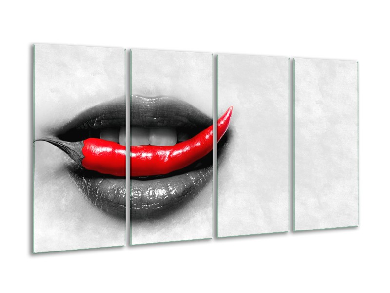 Canvas Schilderij Vrouw, Paprika | Grijs, Rood | 160x80cm 4Luik