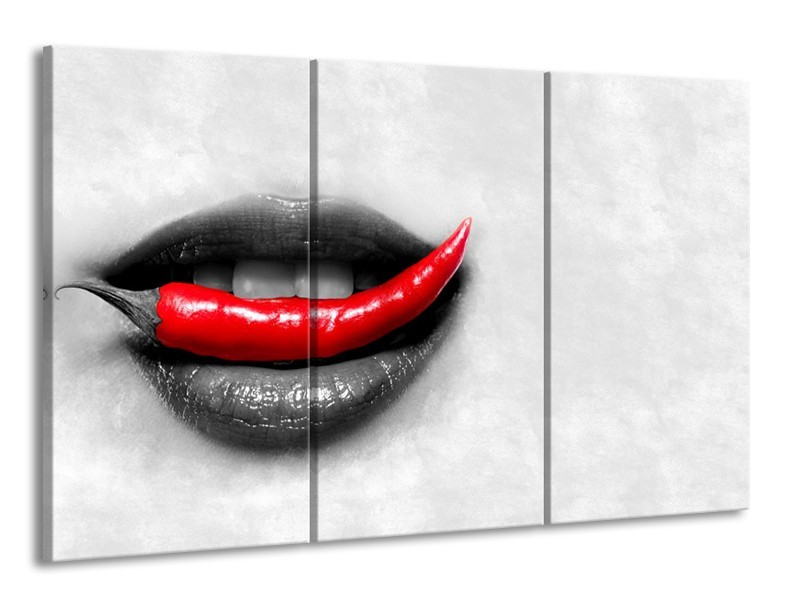 Canvas Schilderij Vrouw, Paprika | Grijs, Rood | 165x100cm 3Luik