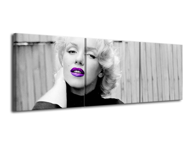 Canvas Schilderij Marilyn Monroe, Muziek | Grijs, Paars, Zwart | 120x40cm 3Luik
