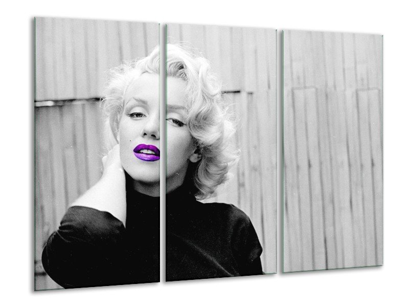 Glasschilderij Marilyn Monroe, Muziek | Grijs, Paars, Zwart | 120x80cm 3Luik