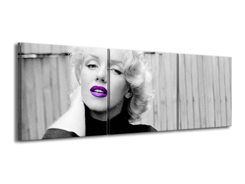 Glasschilderij Marilyn Monroe, Muziek | Grijs, Paars, Zwart | 150x50cm 3Luik