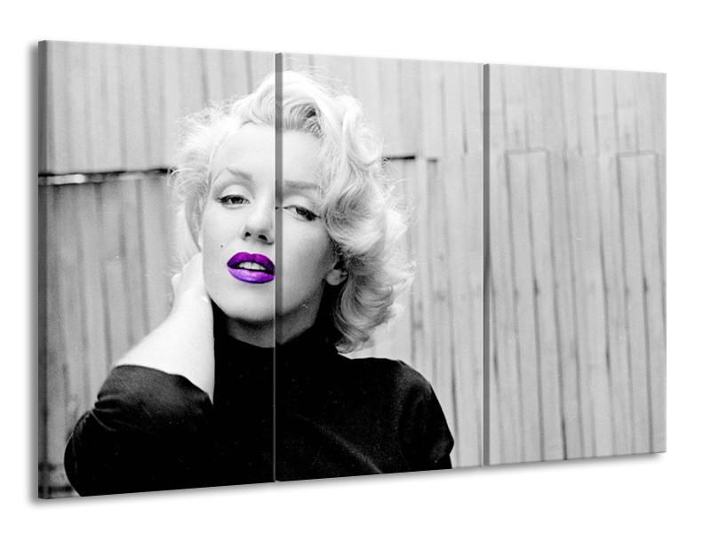 Glasschilderij Marilyn Monroe, Muziek | Grijs, Paars, Zwart | 165x100cm 3Luik