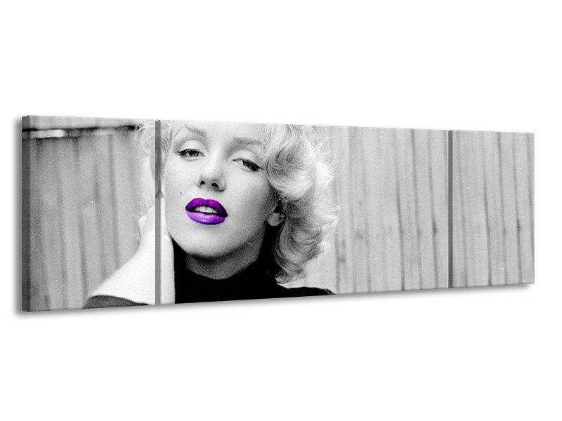 Glasschilderij Marilyn Monroe, Muziek | Grijs, Paars, Zwart | 170x50cm 3Luik