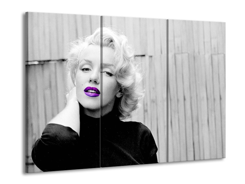 Glasschilderij Marilyn Monroe, Muziek | Grijs, Paars, Zwart | 60x90cm 3Luik