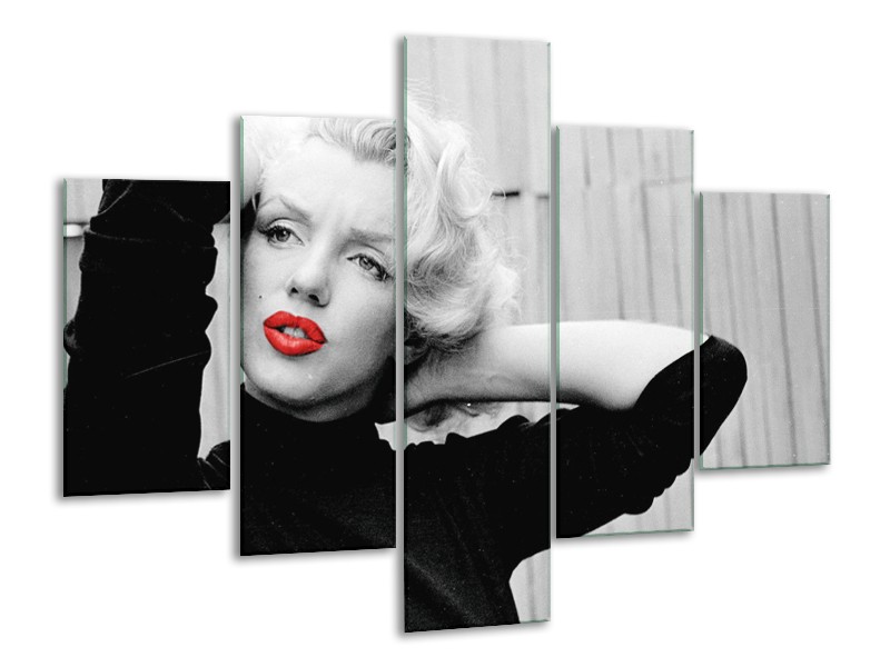 Glasschilderij Marilyn Monroe, Muziek | Grijs, Zwart, Rood | 100x70cm 5Luik