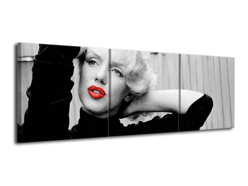 Canvas Schilderij Marilyn Monroe, Muziek | Grijs, Zwart, Rood | 120x40cm 3Luik