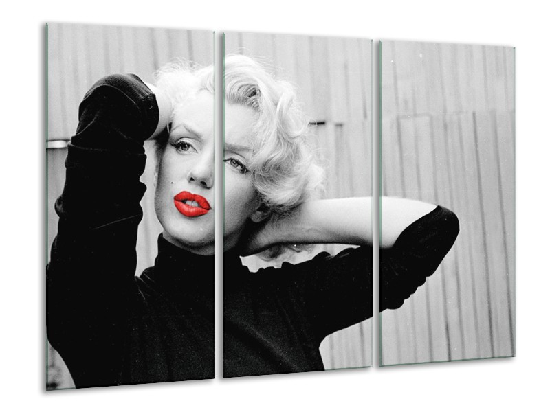Glasschilderij Marilyn Monroe, Muziek | Grijs, Zwart, Rood | 120x80cm 3Luik