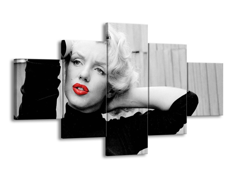 Canvas Schilderij Marilyn Monroe, Muziek | Grijs, Zwart, Rood | 125x70cm 5Luik