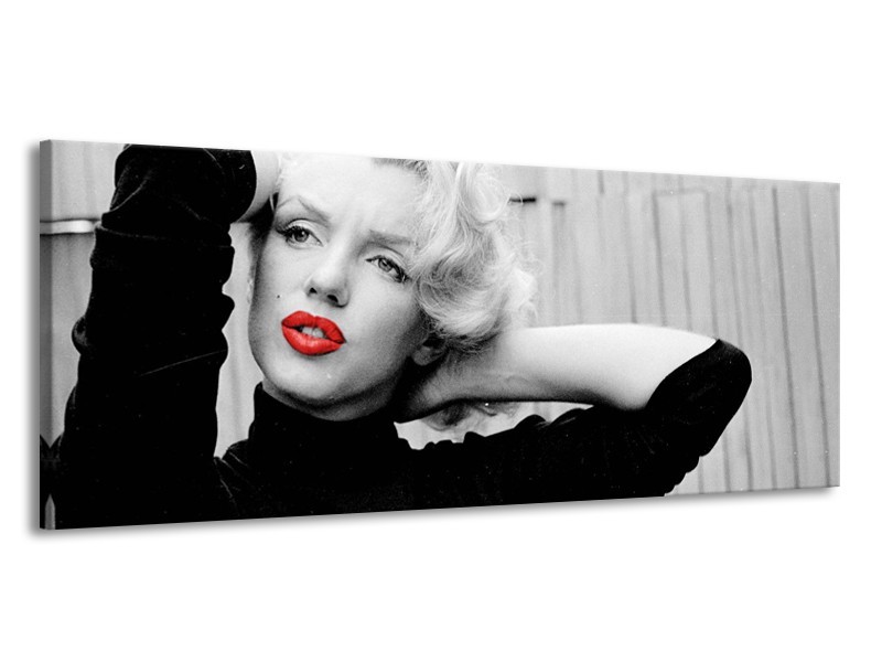 Glasschilderij Marilyn Monroe, Muziek | Grijs, Zwart, Rood | 145x58cm 1Luik