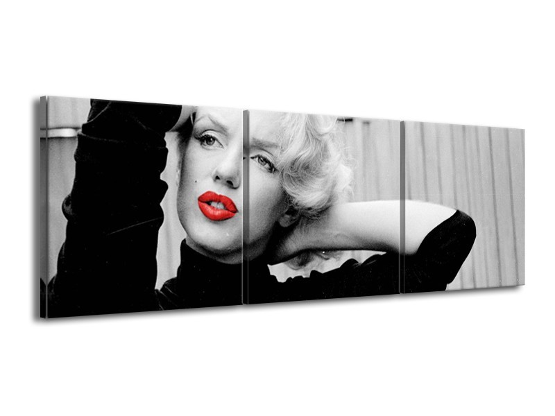 Canvas Schilderij Marilyn Monroe, Muziek | Grijs, Zwart, Rood | 150x50cm 3Luik