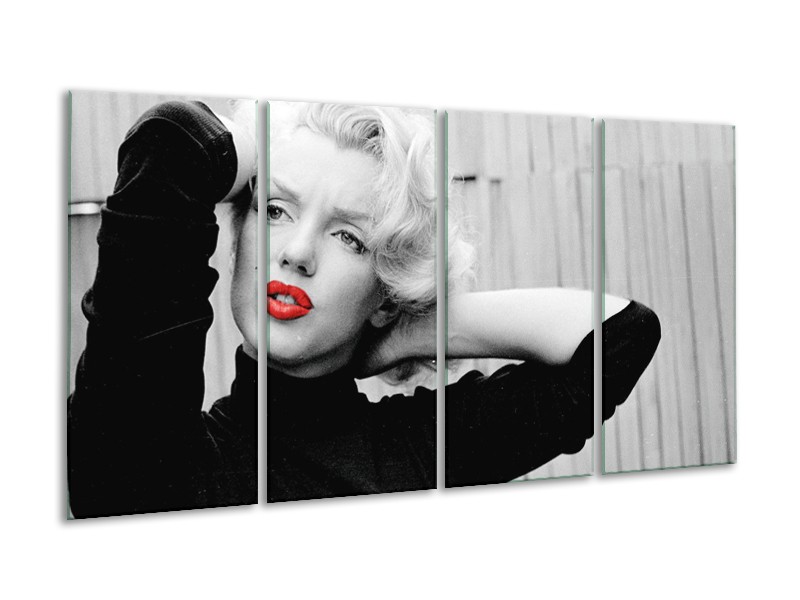 Glasschilderij Marilyn Monroe, Muziek | Grijs, Zwart, Rood | 160x80cm 4Luik