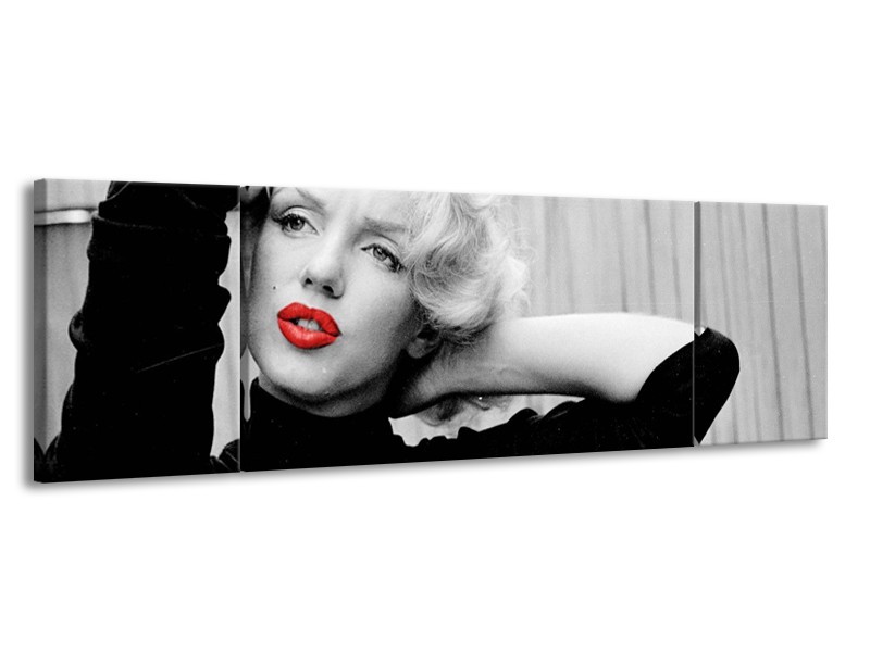 Glasschilderij Marilyn Monroe, Muziek | Grijs, Zwart, Rood | 170x50cm 3Luik