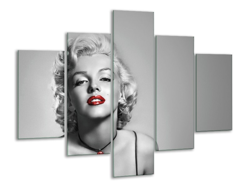 Glasschilderij Marilyn Monroe, Muziek | Grijs, Zwart, Rood | 100x70cm 5Luik