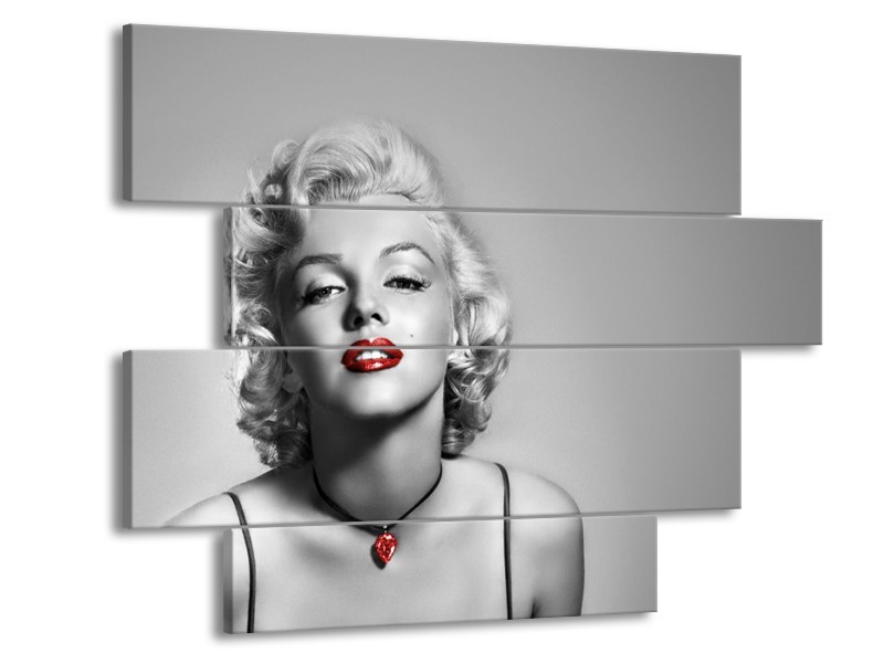 Glasschilderij Marilyn Monroe, Muziek | Grijs, Zwart, Rood | 115x85cm 4Luik