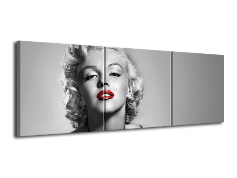 Canvas Schilderij Marilyn Monroe, Muziek | Grijs, Zwart, Rood | 120x40cm 3Luik